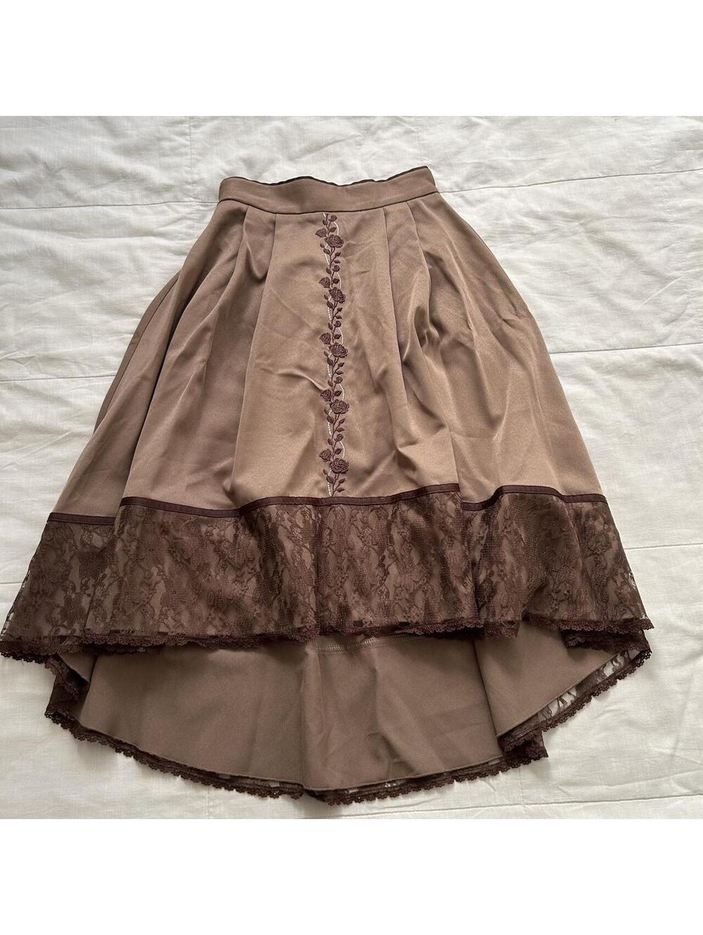 Axes Femme Mocha Tan Brown Lace High Low Embroidered Skirt Size M Japan